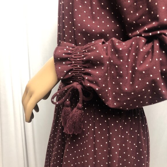 TopShop Peasant Dress Womens Size 10 Maroon White Polka Dots Smocked Long Sleeve - Picture 5 of 10